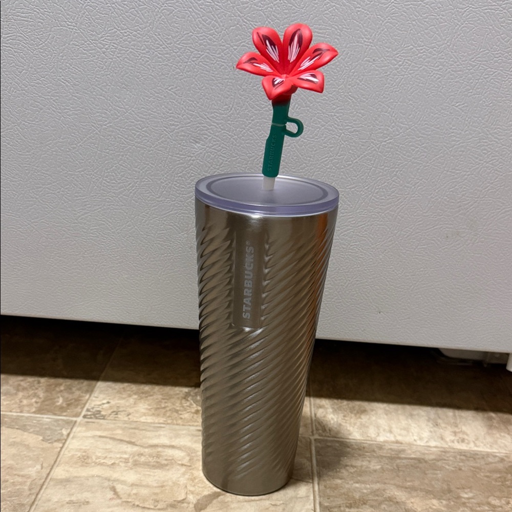 Starbucks Silver Tumbler with Red and Green Flower Accent